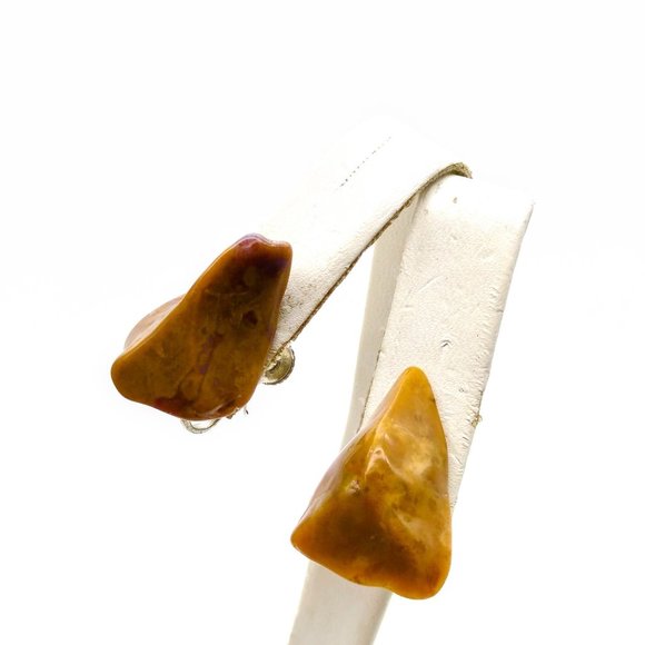 Natural Tumbled Stone Earrings, Vintage Brown on Screw Backs - Picture 3 of 4